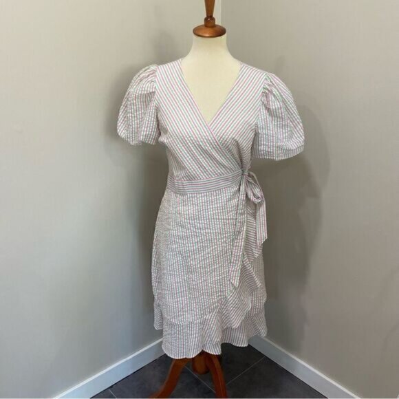 Draper James RSVP Pink Green Striped Seersucker Puff Sleeve Wrap Dress sz M - Picture 2 of 4